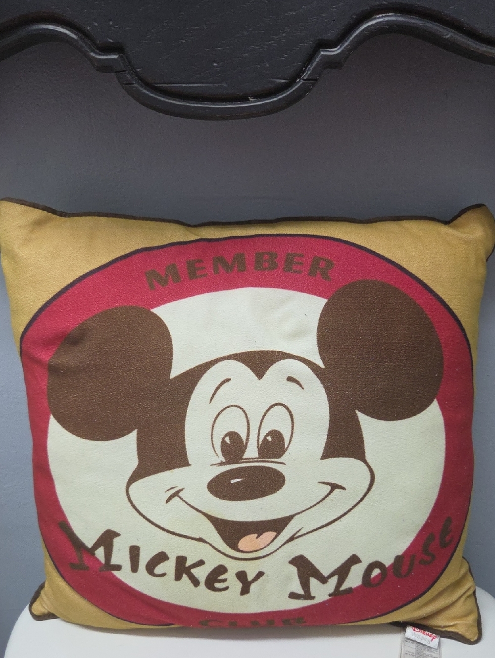 Vintage Disney Plush Pillow with Red Logo on Tan and Brown Fabric